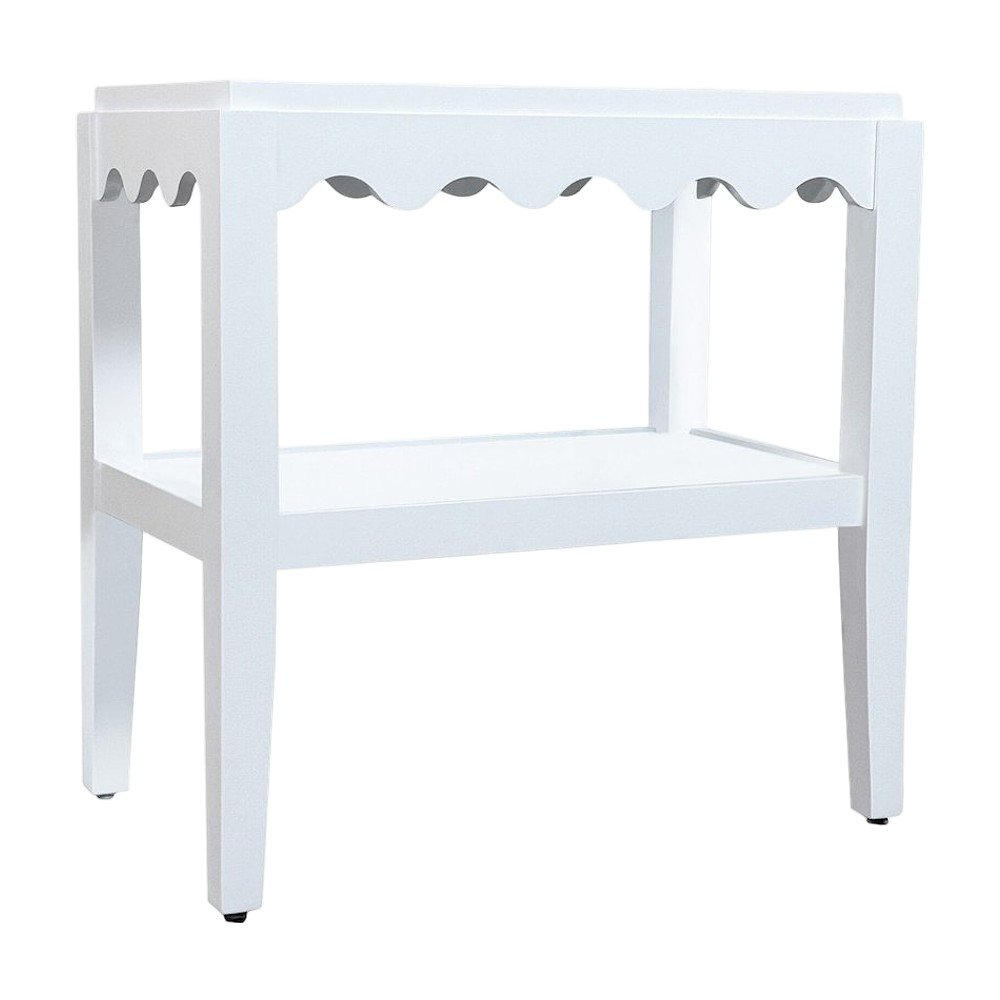 Rectangular Mango Wood End Table with Scalloped Edge and Lower Shelf, White