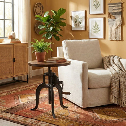 Adjustable-Height Round Mango Wood End Table with Cast Iron Base, Harvest Oak