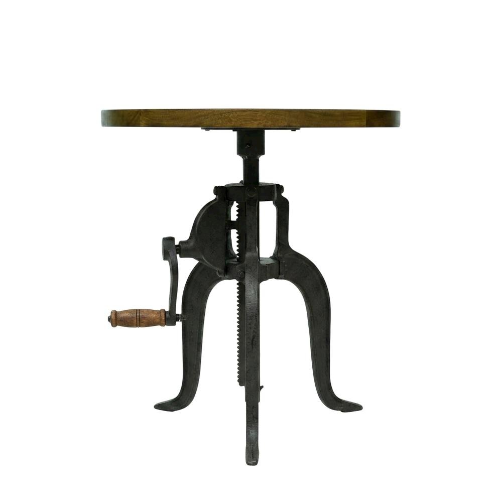 Adjustable-Height Round Mango Wood End Table with Cast Iron Base, Harvest Oak