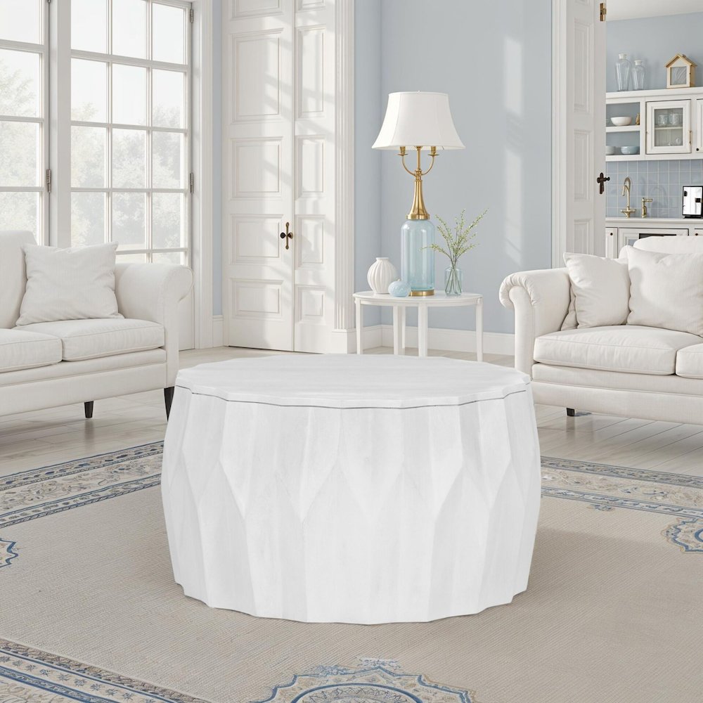 Facet 30" Diamond Carved Round Mango Wood Coffee Table, Walnut Finish