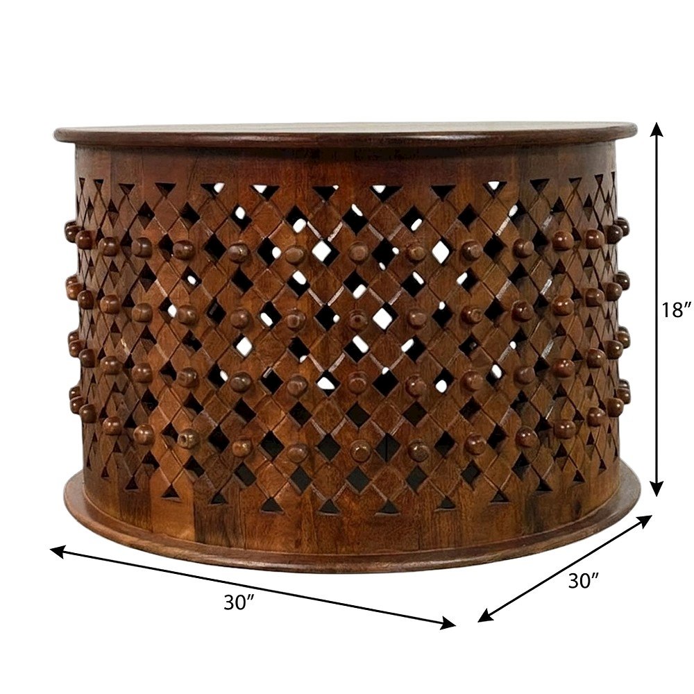 Round Mango Wood Coffee Table with Hand-Carved Lattice-Weave Top, Chestnut