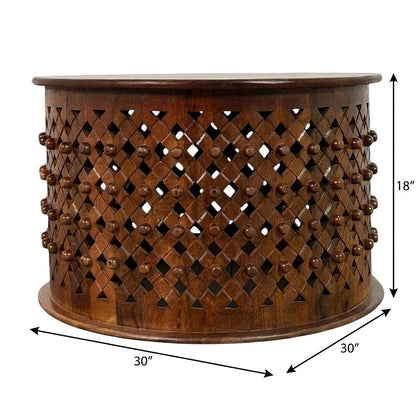 Round Mango Wood Coffee Table with Hand-Carved Lattice-Weave Top, Chestnut