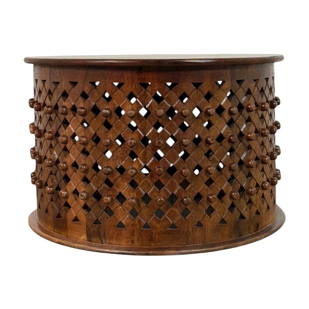 Round Mango Wood Coffee Table with Hand-Carved Lattice-Weave Top, Chestnut