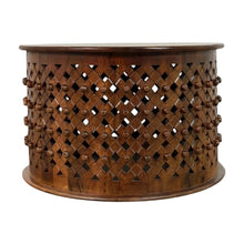 Round Mango Wood Coffee Table with Hand-Carved Lattice-Weave Top, Chestnut
