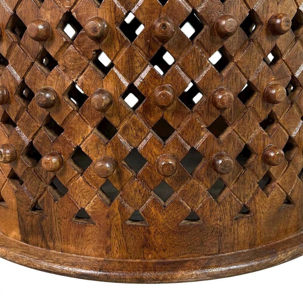 Round Mango Wood Coffee Table with Hand-Carved Lattice-Weave Top, Chestnut