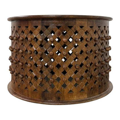 Round Mango Wood Coffee Table with Hand-Carved Lattice-Weave Top, Chestnut