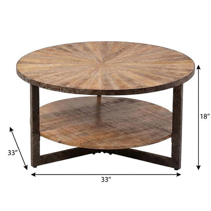 Mango Wood Round Coffee Table with Iron Base for Living Room, Natural, Aged Iron