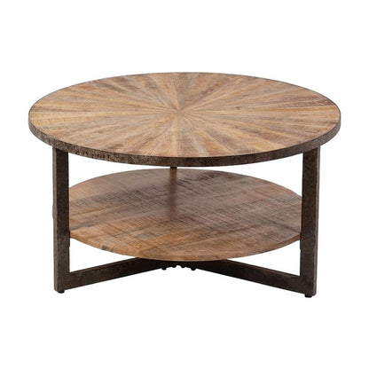 Mango Wood Round Coffee Table with Iron Base for Living Room, Natural, Aged Iron