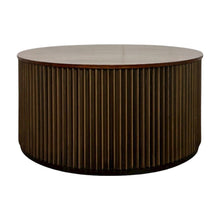 Round Mango Wood Center Table with Brass-Groove Base, Black Honed, Brass