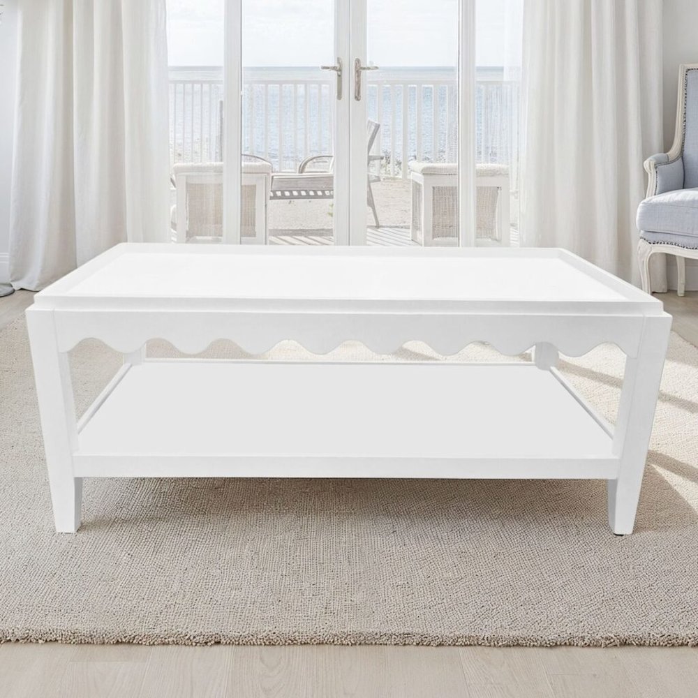 Scallop Coffee Table - Rectangular Mango Wood Side Table - Lower Shelf