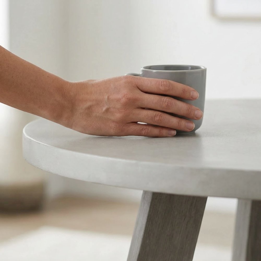 Round Grey Concrete Top Dining Table With Brushed Acacia Base, 51"