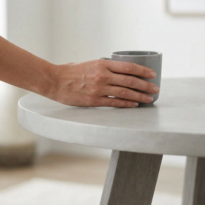 Round Grey Concrete Top Dining Table With Brushed Acacia Base, 51"