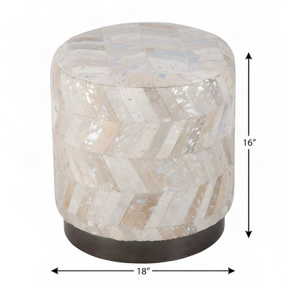 FurniFact Round Storage Ottoman with Handwoven Chevron Leather Top, Silver