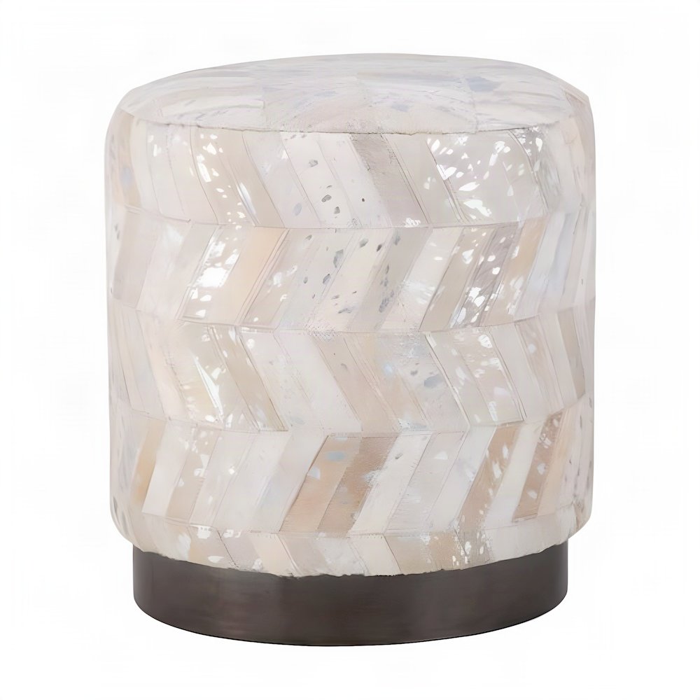 FurniFact Round Storage Ottoman with Handwoven Chevron Leather Top, Silver