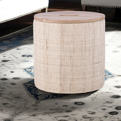 Handwoven Nereus Wood Top Storage Ottoman