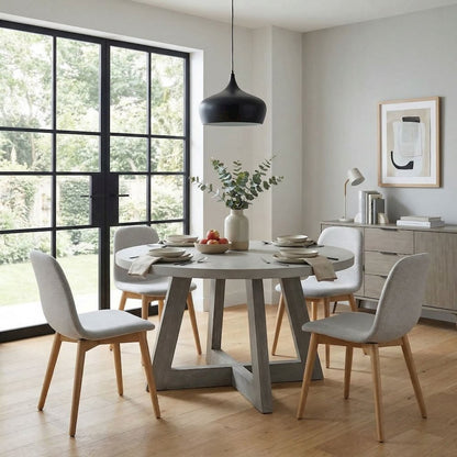 Round Grey Concrete Top Dining Table With Brushed Acacia Base, 51"