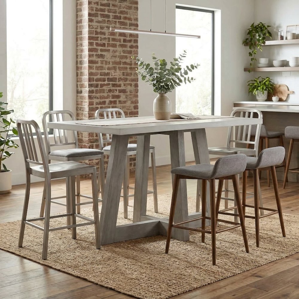 Rectangular Grey Concrete Top Bar Table With Brushed Acacia Base 59X35.5X35.5