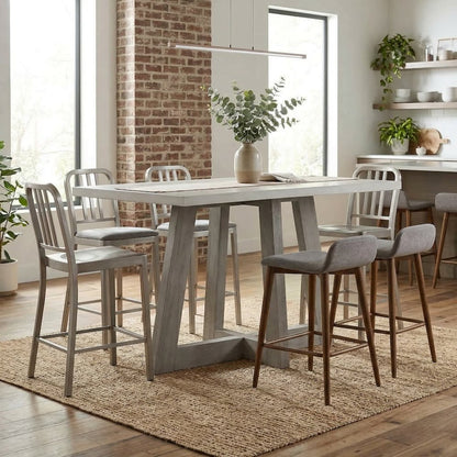 Rectangular Grey Concrete Top Bar Table With Brushed Acacia Base 59X35.5X35.5