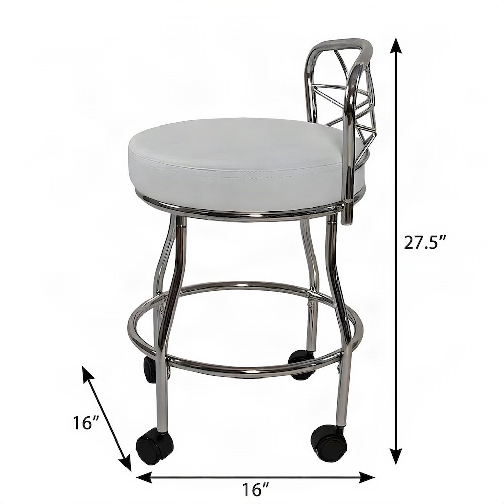 FurniFact Vanity Stool with X-Back, Casters, and Chrome Legs, Chrome, White