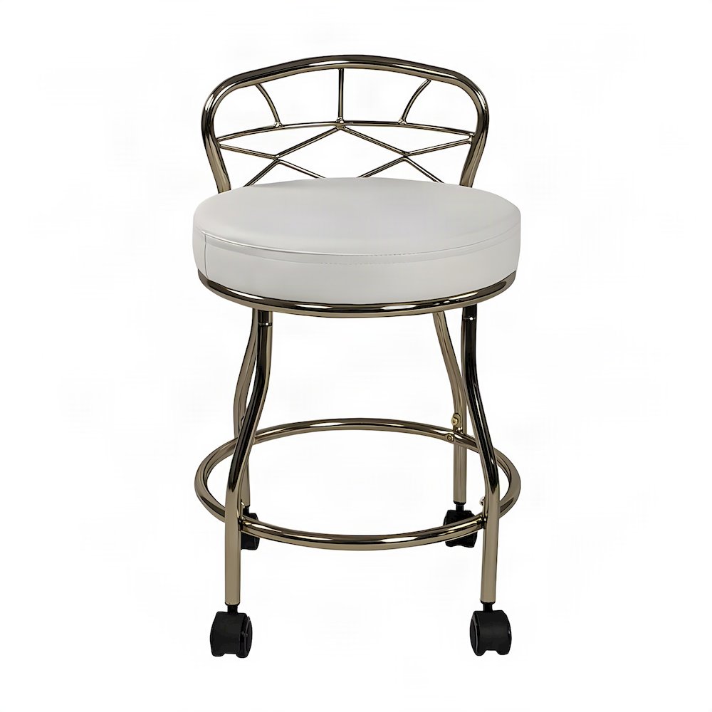 FurniFact Vanity Stool with X-Back, Casters, and Chrome Legs, Gold, White