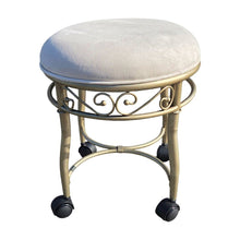 Micro Suede Vanity Stool with Hand-Painted Metal Frame and Casters, Silver Cream