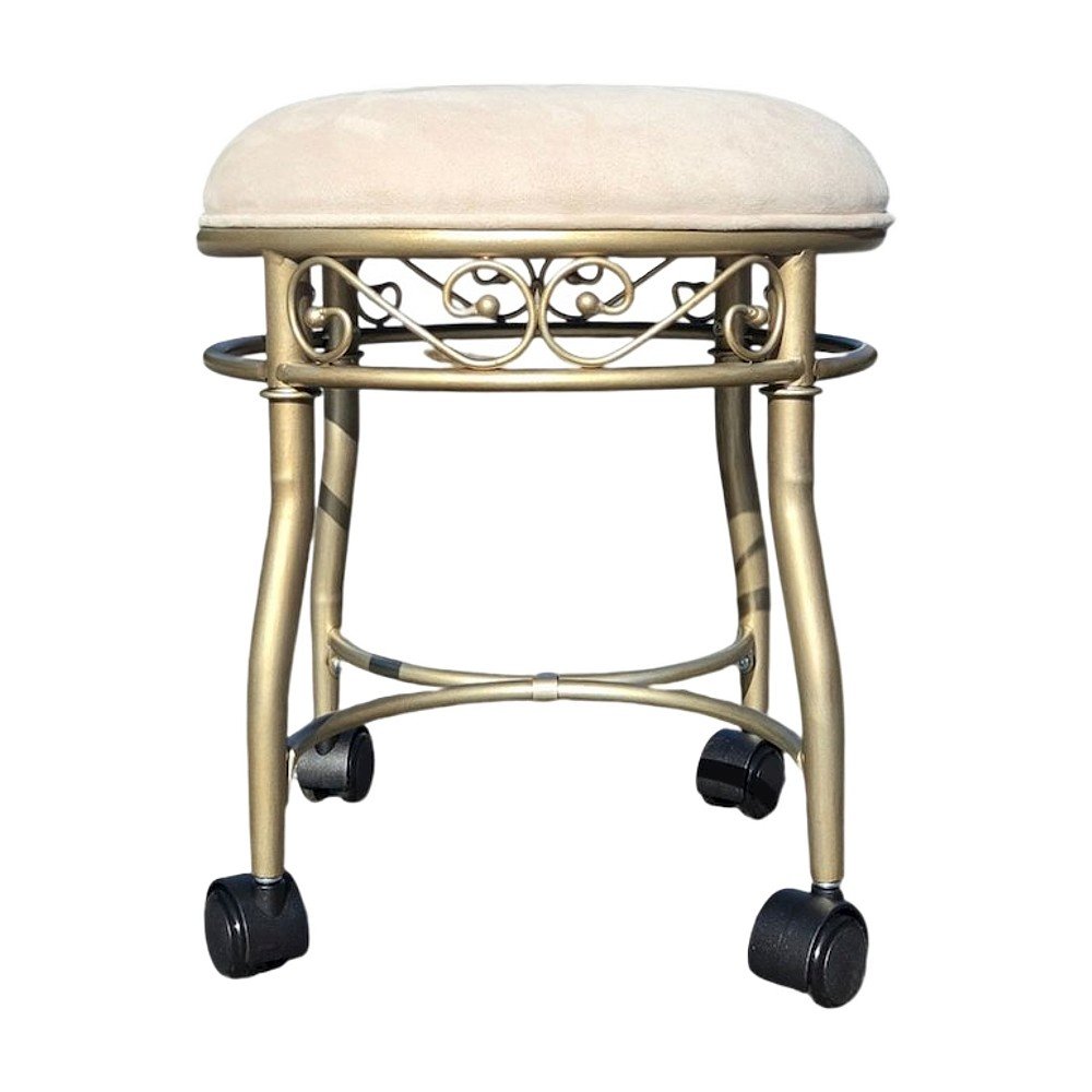 Micro Suede Vanity Stool with Hand-Painted Metal Frame and Casters, Silver Cream