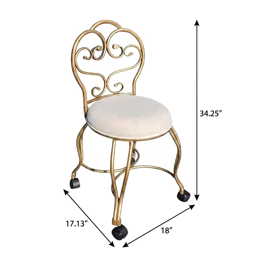 Micro Suede Vanity Stool with Hand-Painted Metal Frame and Casters, Bronze Cream