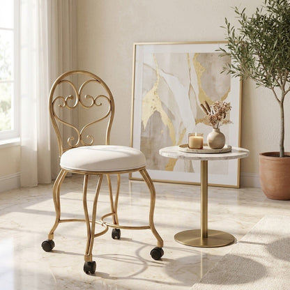 Micro Suede Vanity Stool with Hand-Painted Metal Frame and Casters, Bronze Cream