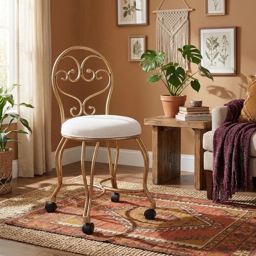 Micro Suede Vanity Stool with Hand-Painted Metal Frame and Casters, Bronze Cream