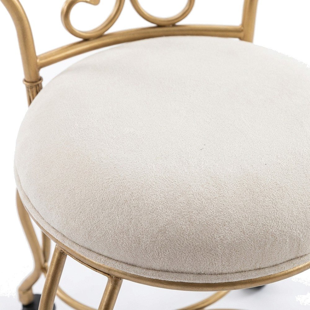 Micro Suede Vanity Stool with Hand-Painted Metal Frame and Casters, Bronze Cream