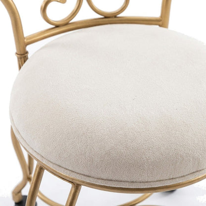 Micro Suede Vanity Stool with Hand-Painted Metal Frame and Casters, Bronze Cream
