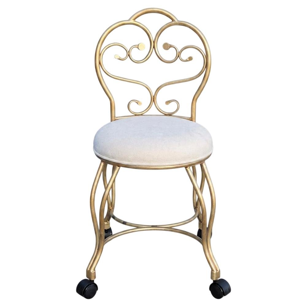 Micro Suede Vanity Stool with Hand-Painted Metal Frame and Casters, Bronze Cream