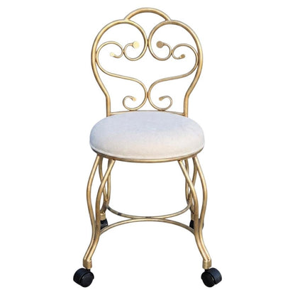 Micro Suede Vanity Stool with Hand-Painted Metal Frame and Casters, Bronze Cream
