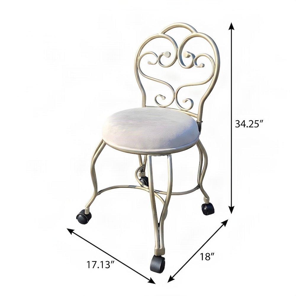 FurniFact Vanity Stool with Back and Foam-Cushioned Seat, Silver, Cream