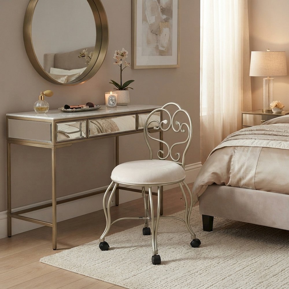 FurniFact Vanity Stool with Back and Foam-Cushioned Seat, Silver, Cream
