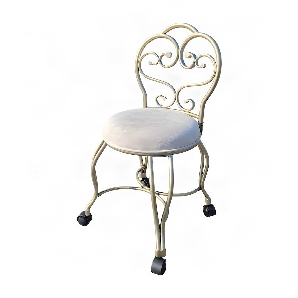 FurniFact Vanity Stool with Back and Foam-Cushioned Seat, Silver, Cream