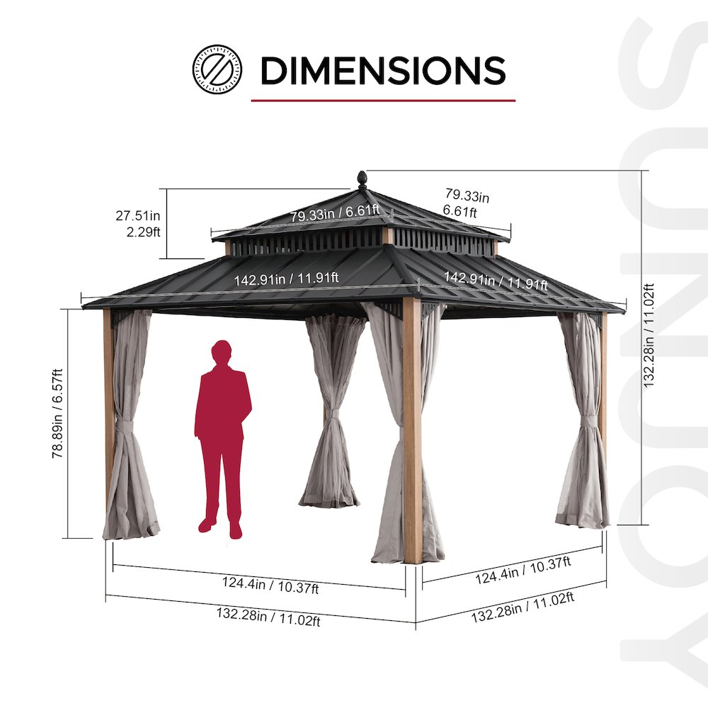 12 ft x 12 ft Aluminum Frame Steel Double Roof Hardtop Rectangular Gazebo