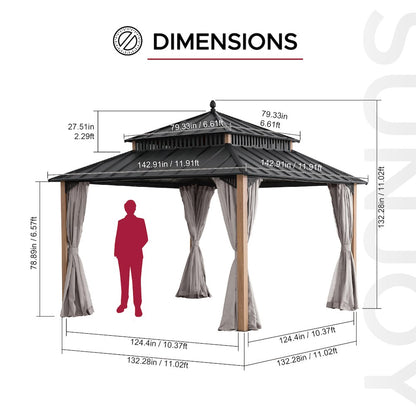 12 ft x 12 ft Aluminum Frame Steel Double Roof Hardtop Rectangular Gazebo