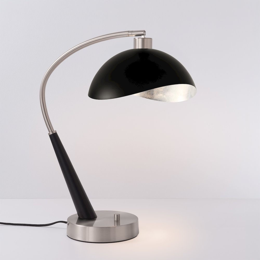 Boomerang Table Lamp in Black Oak/Satin Nickel, Matte Black/Silver-Leaf Shade