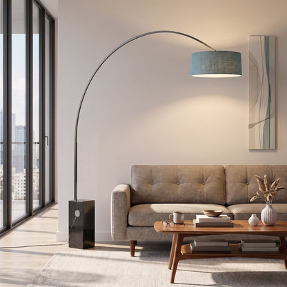 Iconic 92" Arc Lamp, Black Nickel, Black Marble Base, Turquoise Linen Shade