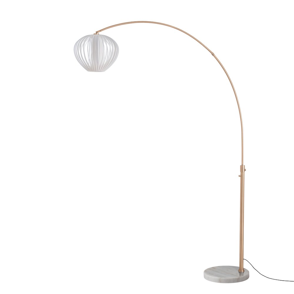 Float 92"H Arc Lamp, Weathered Brass, White Marble Base, Bloom White Satin Shade