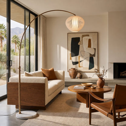 Float 92"H Arc Lamp, Weathered Brass, White Marble Base, Bloom White Satin Shade