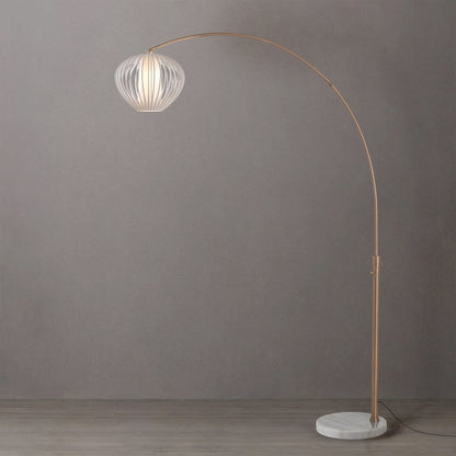 Float 92"H Arc Lamp, Weathered Brass, White Marble Base, Bloom White Satin Shade
