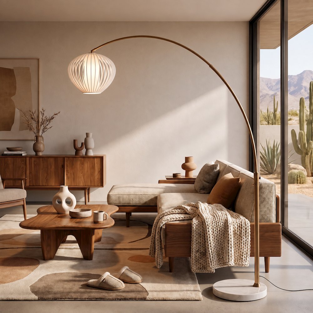 Float 92"H Arc Lamp, Weathered Brass, White Marble Base, Bloom White Satin Shade
