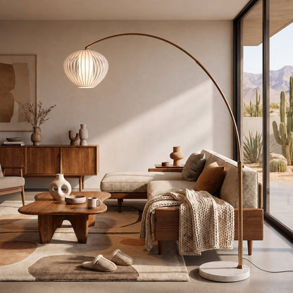 Float 92"H Arc Lamp, Weathered Brass, White Marble Base, Bloom White Satin Shade