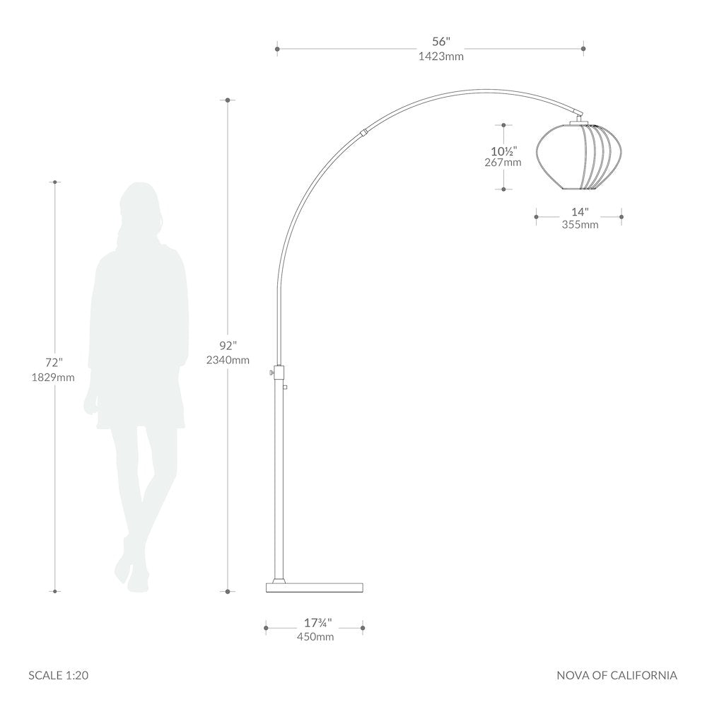 Float 92"H Arc Lamp, Weathered Brass, White Marble Base, Bloom White Satin Shade
