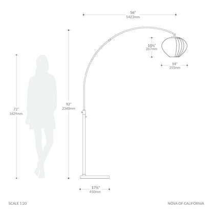 Float 92"H Arc Lamp, Weathered Brass, White Marble Base, Bloom White Satin Shade