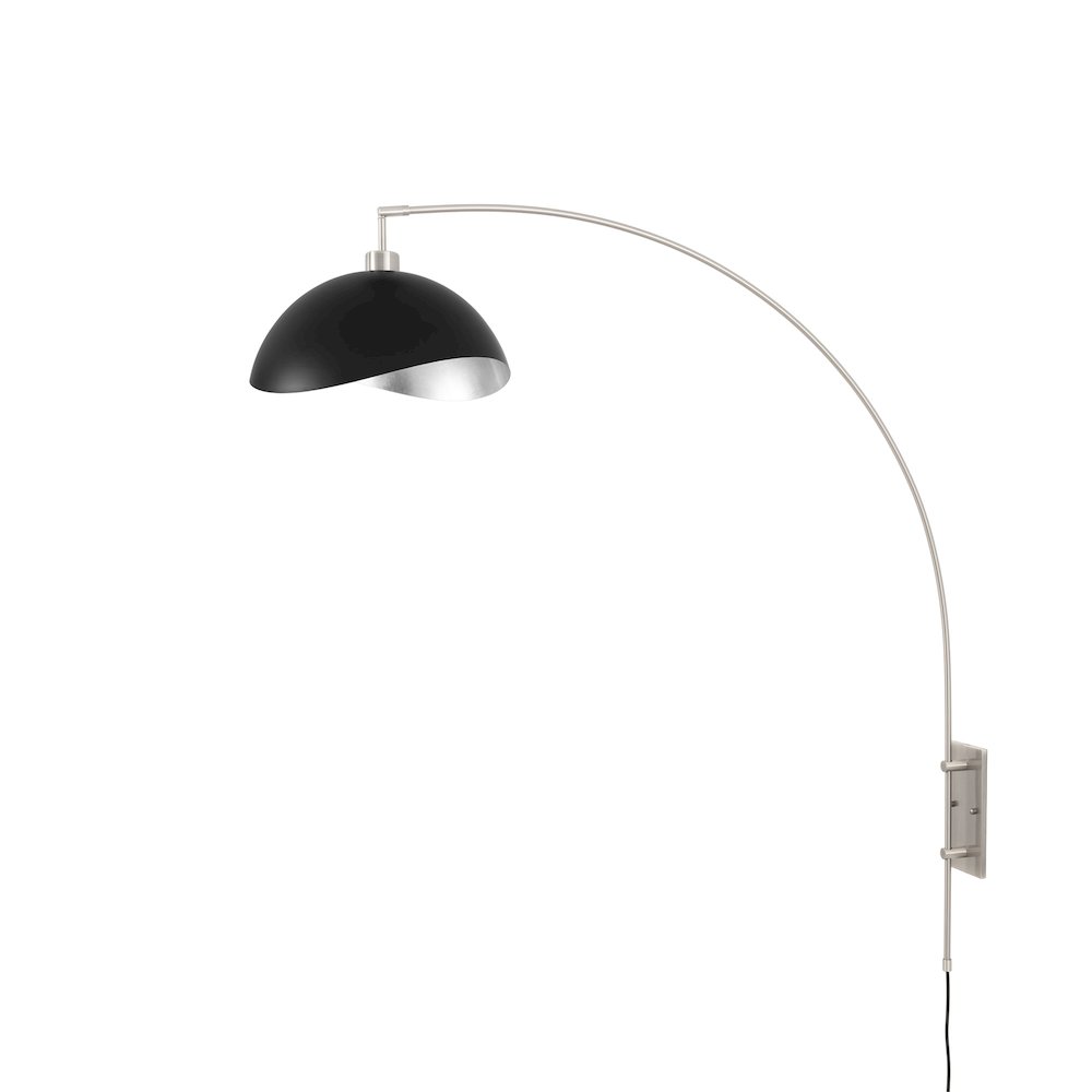Wall Mounted Arc Lamp, Luna Bella Matte Black/Silver Shade, Satin Nickel