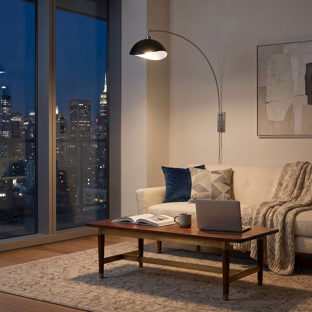 Wall Mounted Arc Lamp, Luna Bella Matte Black/Silver Shade, Satin Nickel