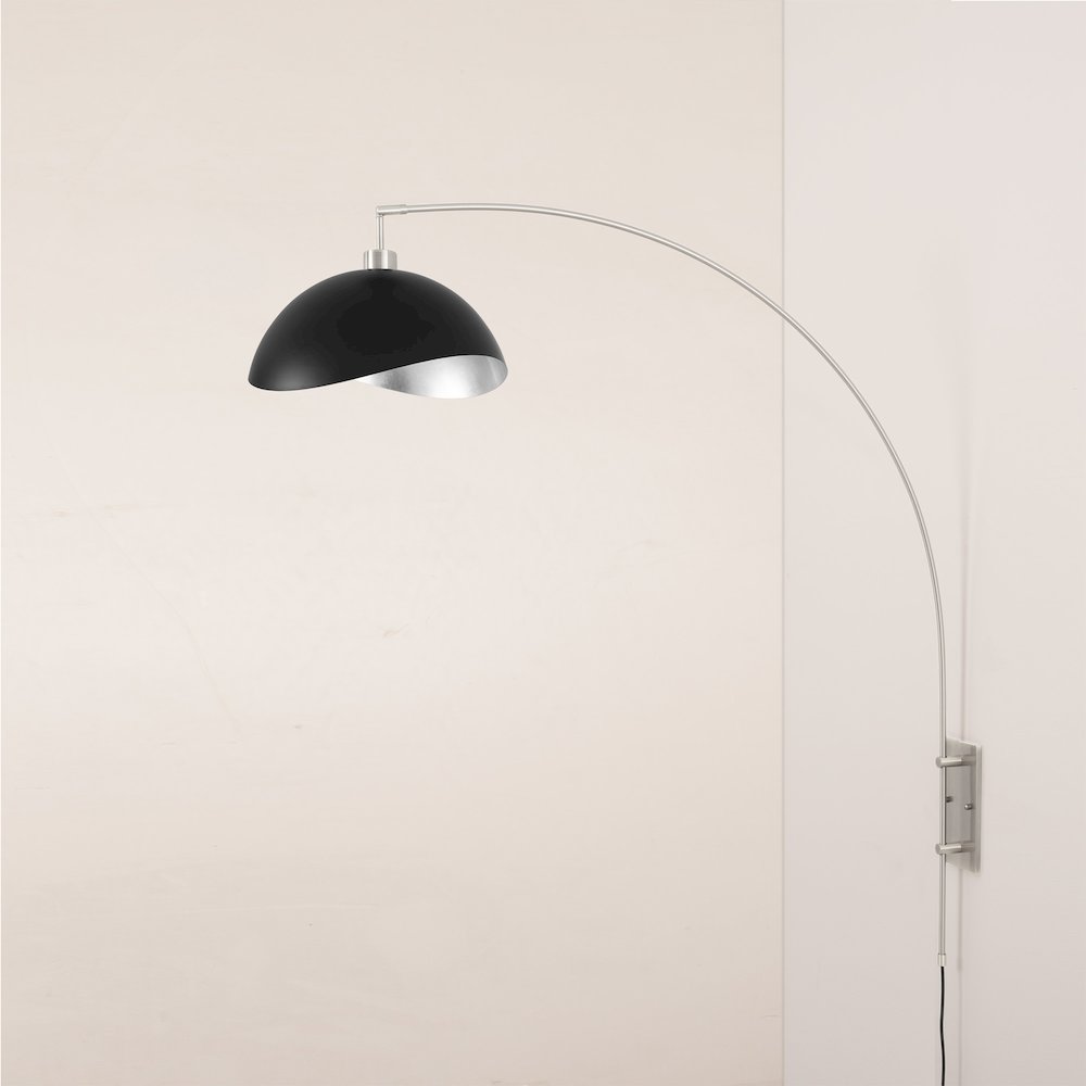 Wall Mounted Arc Lamp, Luna Bella Matte Black/Silver Shade, Satin Nickel